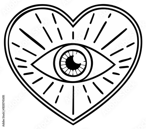Mystical all seeing eye within a heart shape radiating light beams spiritual love symbol