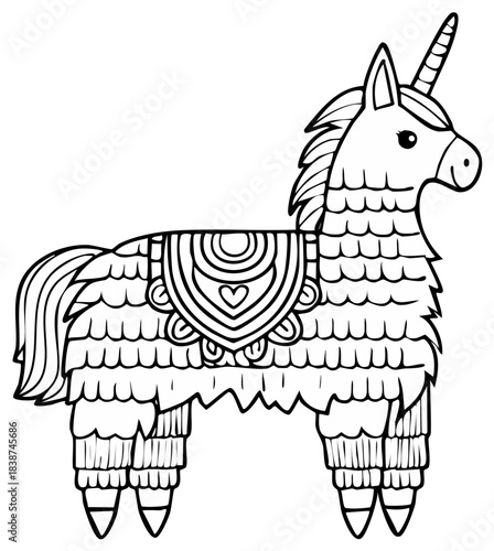 Unicorn Pinata Black and White Line Art, Outline Illustration of Traditional Decoration for Coloring Pages
