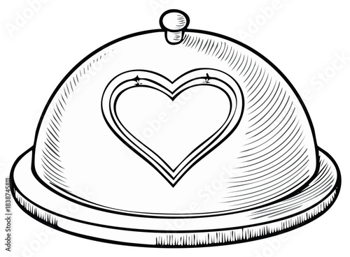 Serving cloche with an engraved heart symbol on a platter hand drawn line art illustration