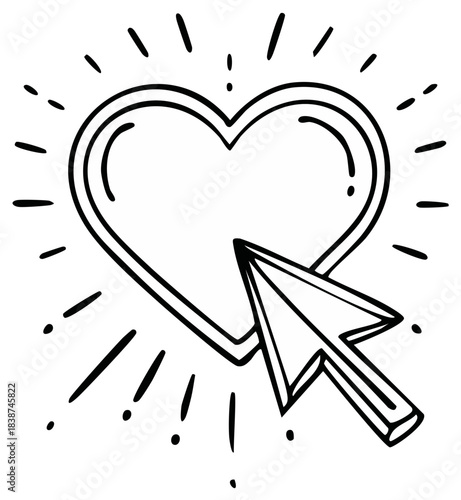 Hand drawn doodle sketch of a cursor arrow clicking on a glowing heart icon for social media likes and engagement
