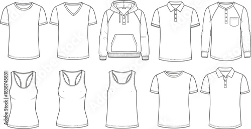 Men’s and women’s tops, fashion flat, t-shirt, polo, hoodie, tank top, garment sketch, apparel design, silhouette, vector illustration