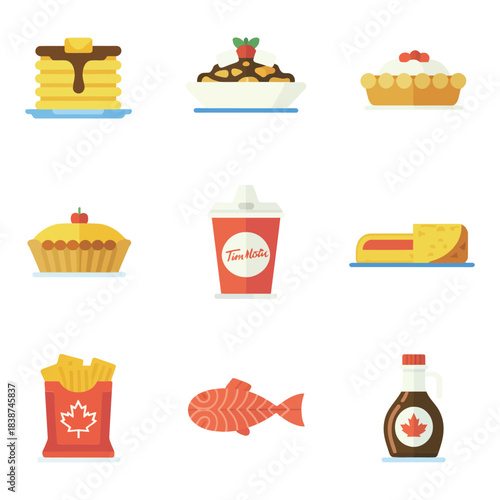 Comfort food icon set, pancakes fries pies fish sauces, casual dining celebration elements, colorful flat vector design