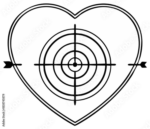 Heart as a target with crosshairs and arrow for love romance and dating concept