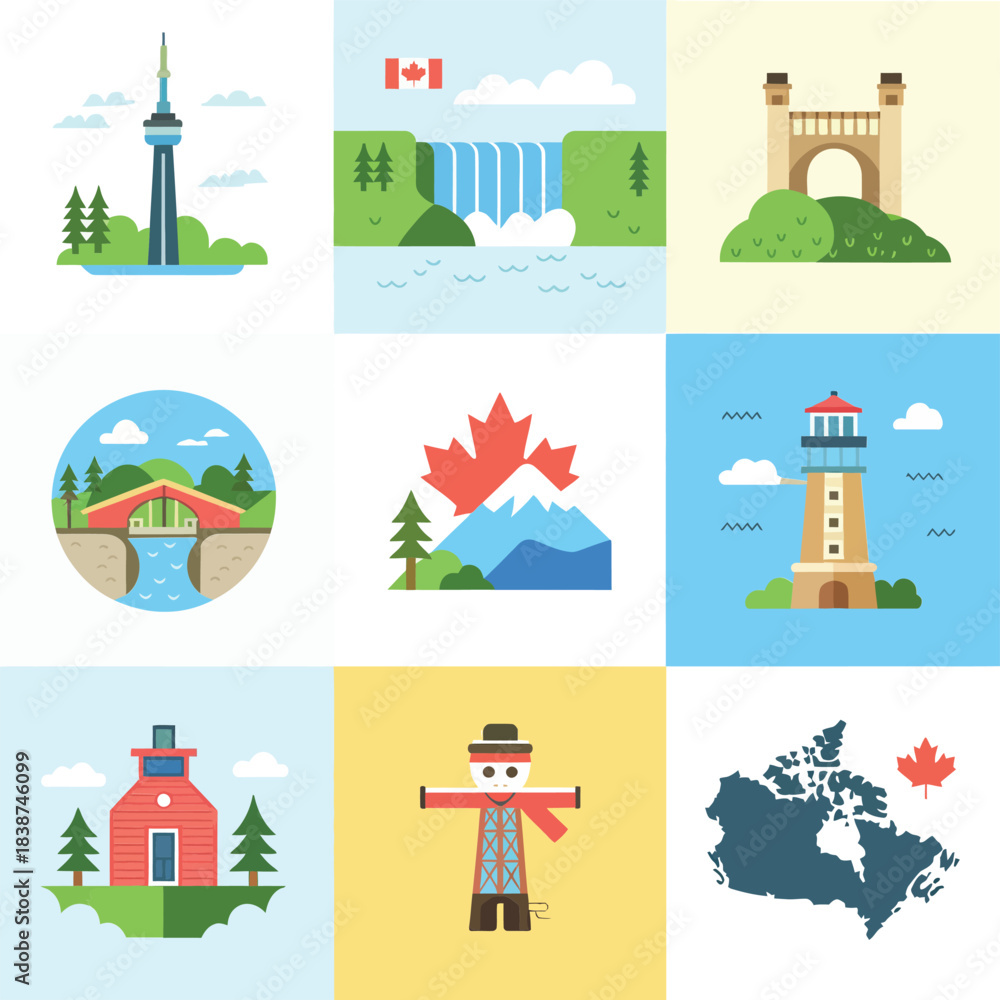 Obraz premium Scenic travel illustration pack, mountains rivers towers lighthouses villages, landscape tourism celebration symbols, modern flat vector design