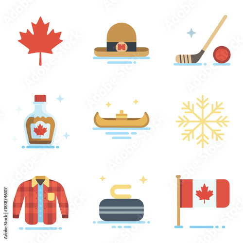 Winter outdoor activity icon set, hockey curling skating equipment, seasonal sport celebration elements, vibrant flat vector design