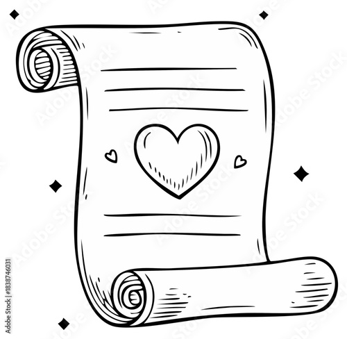 Hand drawn scroll with a heart symbol and lines for writing text