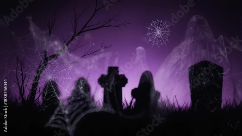 A spooky graveyard scene with tombstones, cobwebs, ghostly figures, and a purple night sky