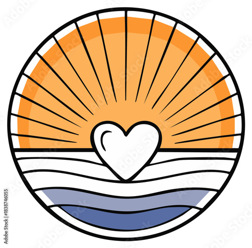Graphic heart above ocean waves at sunset for branding, vector illustration