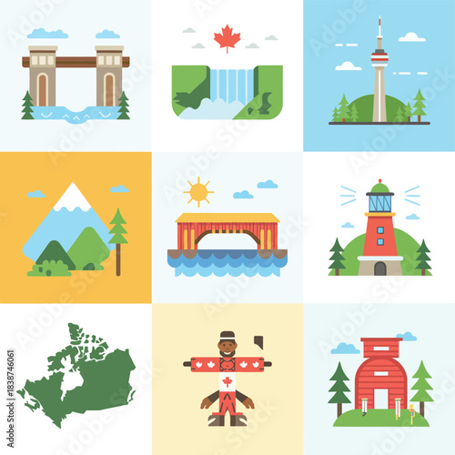 Cultural landmark icon set, historic towers bridges villages forests, regional heritage celebration elements, clean flat vector illustration