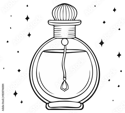 Elegant perfume bottle outline with stars illustration. Decorative fragrance design.
