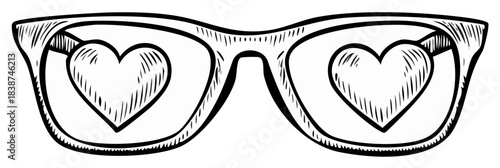 Vintage style hand drawn sunglasses with heart shapes in the lenses romantic love concept illustration