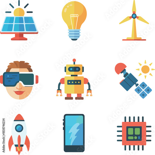 Future technology illustration collection, robotics vr headset microchip rocket, innovation science celebration elements, modern flat vector