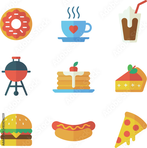 Street food and dessert icon collection, pancakes barbecue pizza donuts drinks, party food celebration elements, vibrant flat vector illustration