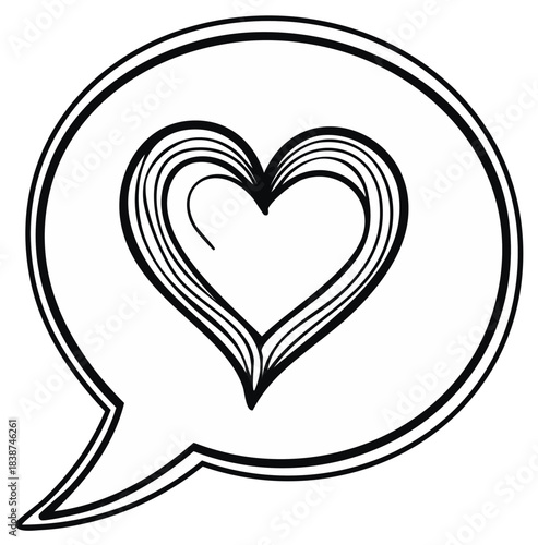 Heart in speech bubble illustration, black and white design for love and communication