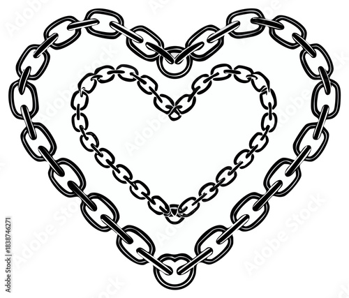 Concentric Hearts Formed by Metal Chains Symbol of Love and Bondage Black and White Vector Illustration