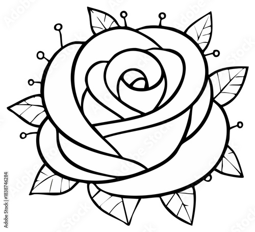 Simple Rose Flower Outline Drawing with Leaves and Dotted Accents for Coloring Pages