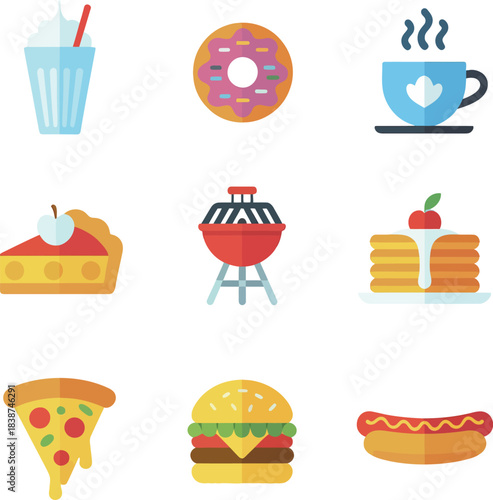 Summer snack and drink icon set, milkshakes coffee desserts cakes, casual refreshment celebration elements, clean flat vector illustration
