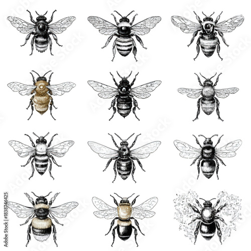 Collection of twelve vintage hand drawn bee illustrations.