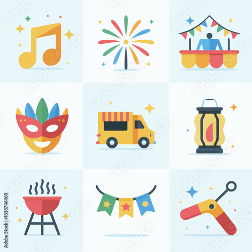 Summer festival icon set, music fireworks parade truck lanterns, joyful outdoor celebration elements, colorful flat vector illustration