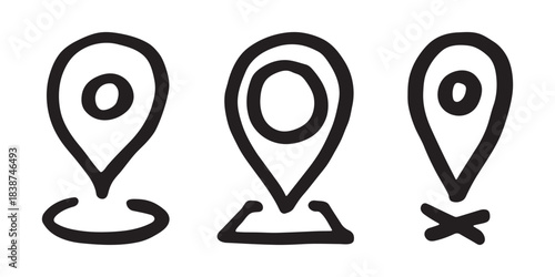 Set of hand drawn map pin Map marker pointer sign GPS and mapping tools Location pin symbol Pinpoint clipart in doodle style Single element for web, design