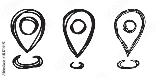 Set of hand drawn map pin Map marker pointer sign GPS and mapping tools Location pin symbol Pinpoint clipart in doodle style Single element for web, design