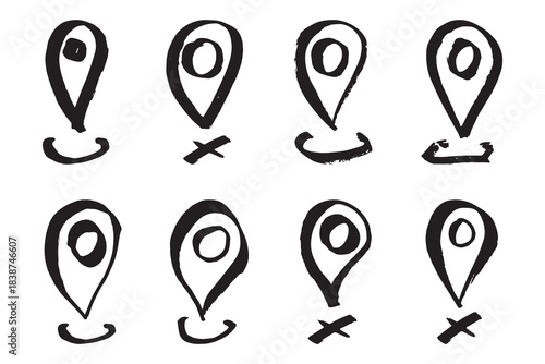 Set of hand drawn map pin Map marker pointer sign GPS and mapping tools Location pin symbol Pinpoint clipart in doodle style Single element for web, design
