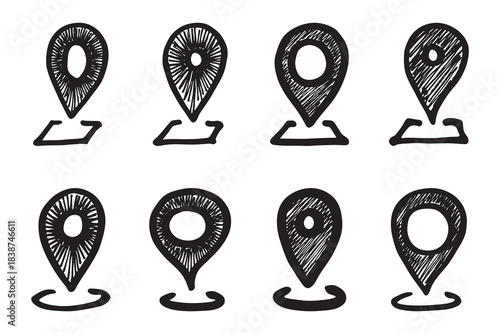 Set of hand drawn map pin Map marker pointer sign GPS and mapping tools Location pin symbol Pinpoint clipart in doodle style Single element for web, design