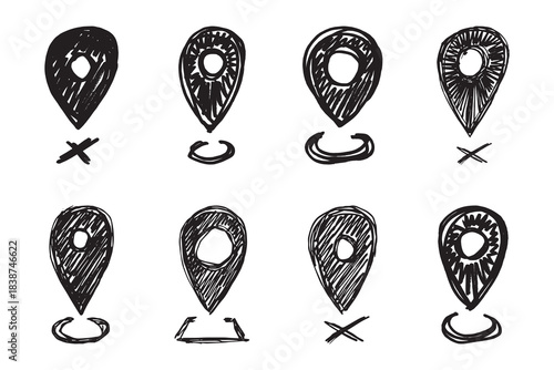 Set of hand drawn map pin Map marker pointer sign GPS and mapping tools Location pin symbol Pinpoint clipart in doodle style Single element for web, design