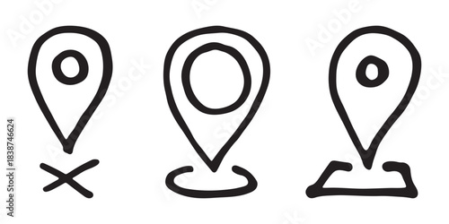 Set of hand drawn map pin Map marker pointer sign GPS and mapping tools Location pin symbol Pinpoint clipart in doodle style Single element for web, design