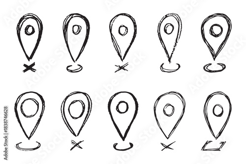 Set of hand drawn map pin Map marker pointer sign GPS and mapping tools Location pin symbol Pinpoint clipart in doodle style Single element for web, design