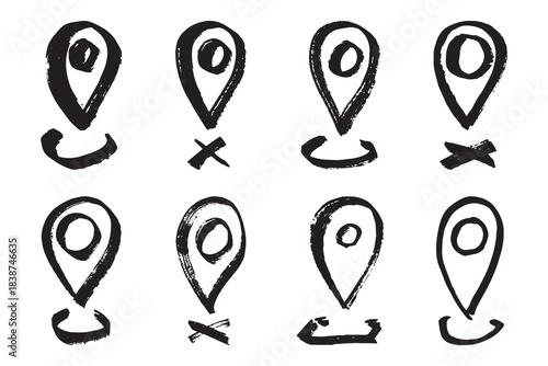 Set of hand drawn map pin Map marker pointer sign GPS and mapping tools Location pin symbol Pinpoint clipart in doodle style Single element for web, design