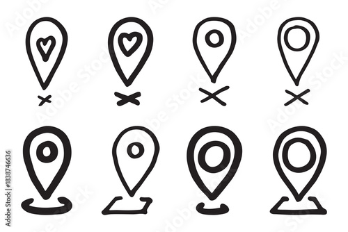 Set of hand drawn map pin Map marker pointer sign GPS and mapping tools Location pin symbol Pinpoint clipart in doodle style Single element for web, design