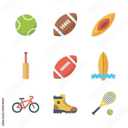 Recreation activity illustration pack, tennis cycling skating football surfing, sporty celebration symbols, clean flat vector design