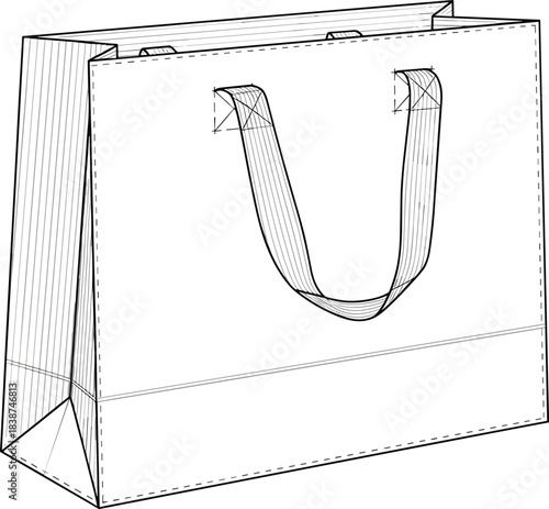 Paper shopping bag technical sketch, packaging design, handle detail, pleated sides, reinforced bottom, cad drawing flat vector illustration