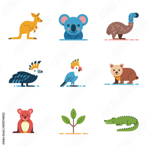 Australian wildlife icon collection, kangaroo koala platypus birds reptiles, native animal celebration elements, colorful flat vector illustration