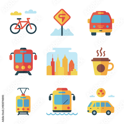 Public transport illustration pack, metro bus bicycle city icons, daily commute celebration elements, colorful flat vector design
