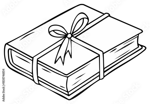 A book gift wrapped with a ribbon and bow in a simple outline illustration