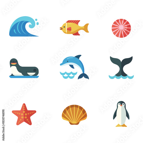 Marine life icon collection, waves fish dolphins shells starfish, ocean wildlife education celebration elements, clean flat vector