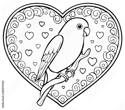 Cute parrot on a branch inside a decorative heart with smaller hearts and swirls
