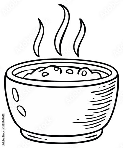 Steaming bowl illustration of tasty soup or porridge breakfast with black outlines and thick strokes