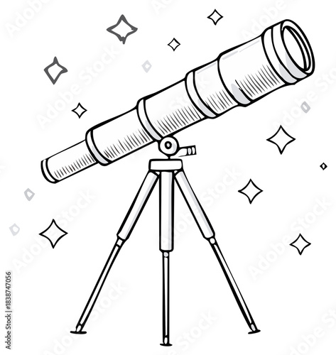 Telescope on a tripod with sparkling stars hand drawn illustration