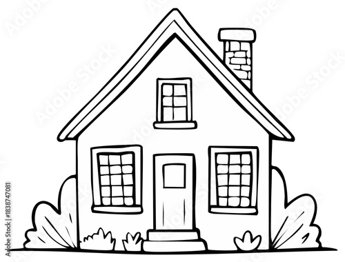 Simple line art illustration of a charming house with a pitched roof chimney and multiple windows