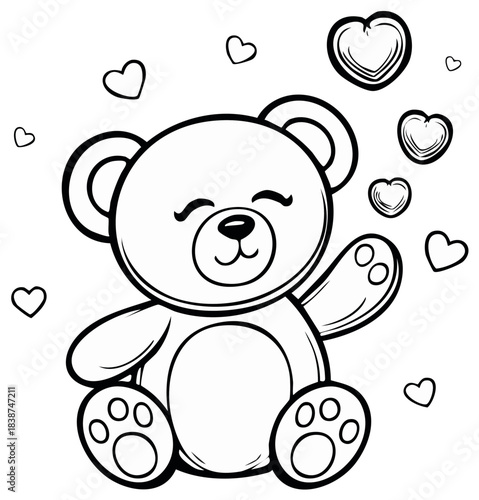 Wallpaper Mural Cute Teddy Bear Illustration with Floating Hearts, Black and White Outline for Children's Coloring Book Torontodigital.ca
