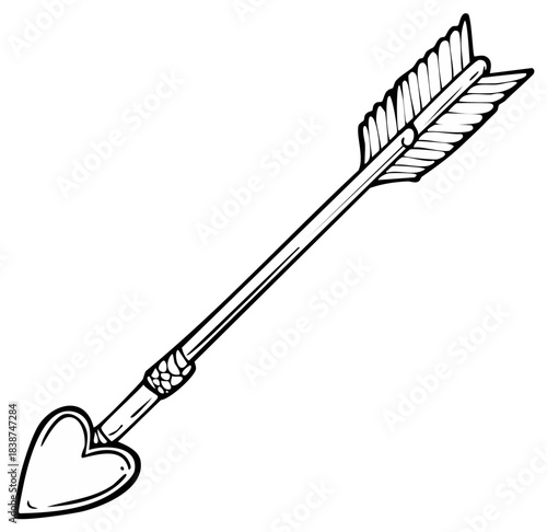 Romantic hand drawn cupid arrow with a heart shaped tip and feathered fletching