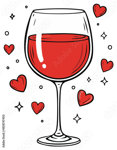 Vibrant cartoon red wine glass doodle with floating hearts and sparkling elements for celebration