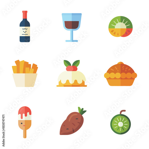 Sweet food illustration pack, pies fruits beverages desserts, party refreshment celebration elements, modern flat vector design