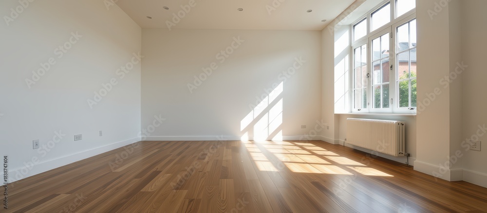 Obraz premium Spacious, empty room with hardwood floors and natural light streaming through windows.