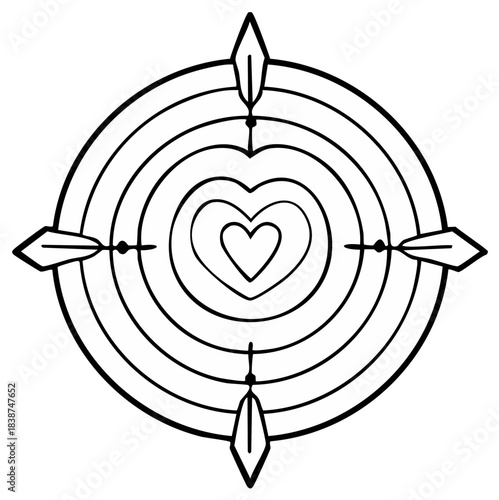 Target with concentric hearts and feather motifs for a symbolic representation of love