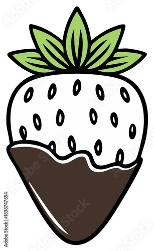 Stylized chocolate dipped white strawberry with fresh green leaves cartoon vector art