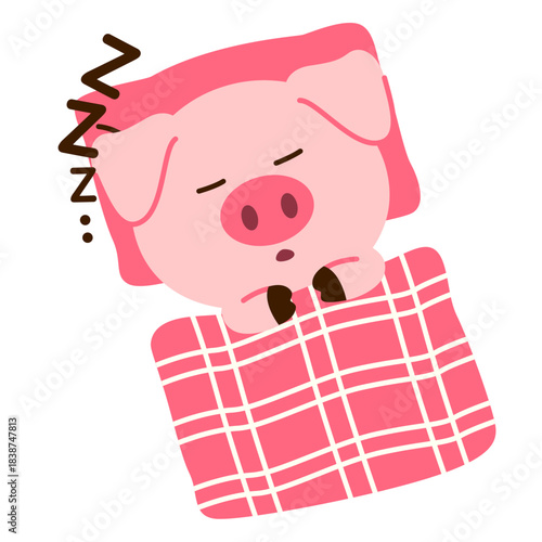 Cute pink pig sleeping peacefully under a warm blanket, illustrated in a playful cartoon style, perfect for children’s themes, cozy concepts, and bedtime designs.